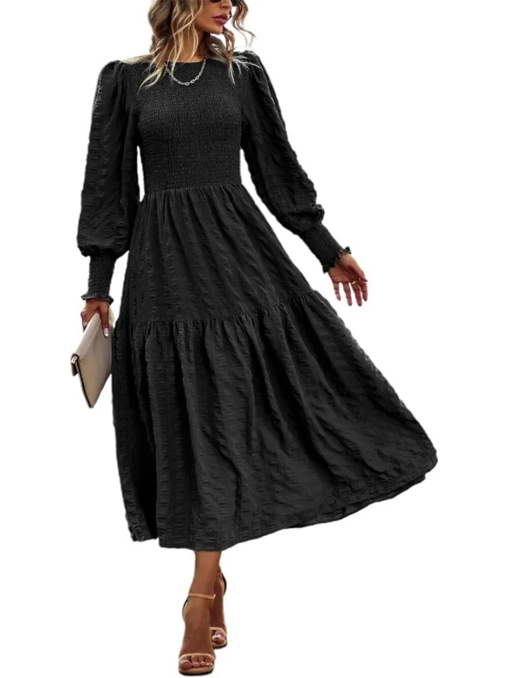 Spring Puff Long Sleeve Maxi Dress - Smocked Empire Waist, Tiered A-line, Flowy